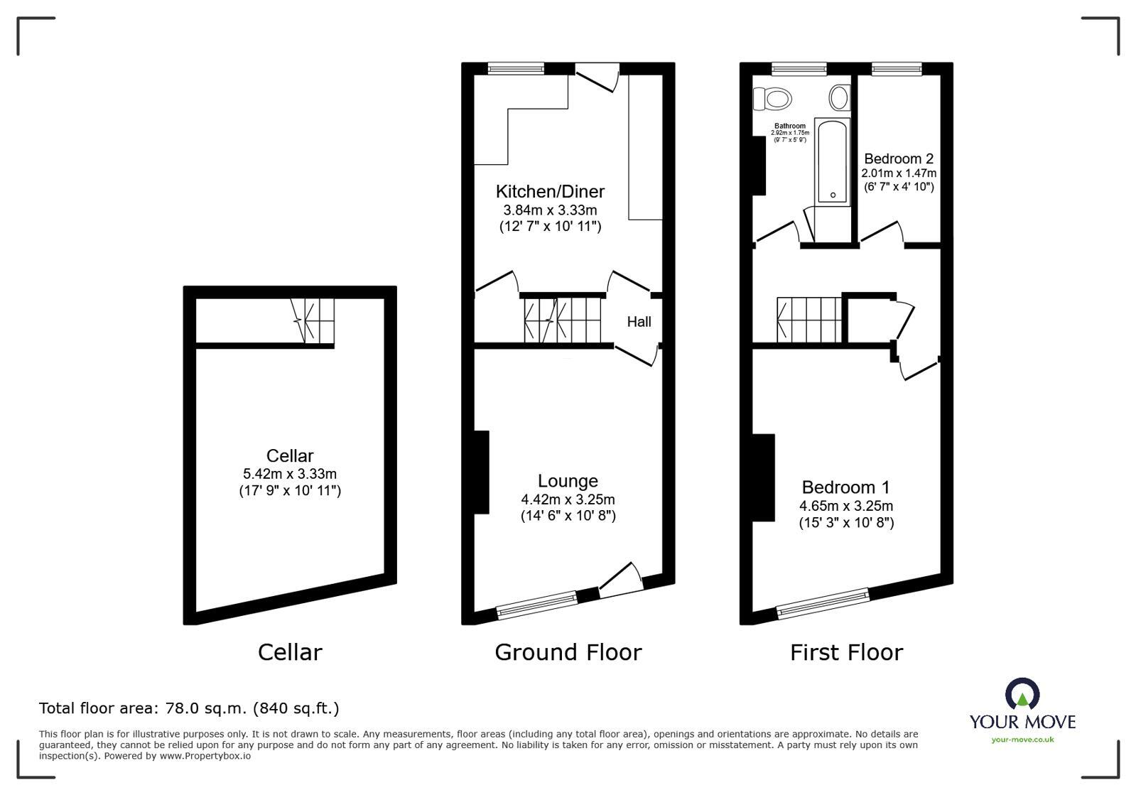 Floorplan of 2 bedroom Mid Terrace House to rent, Church Street, Jump, South Yorkshire, S74