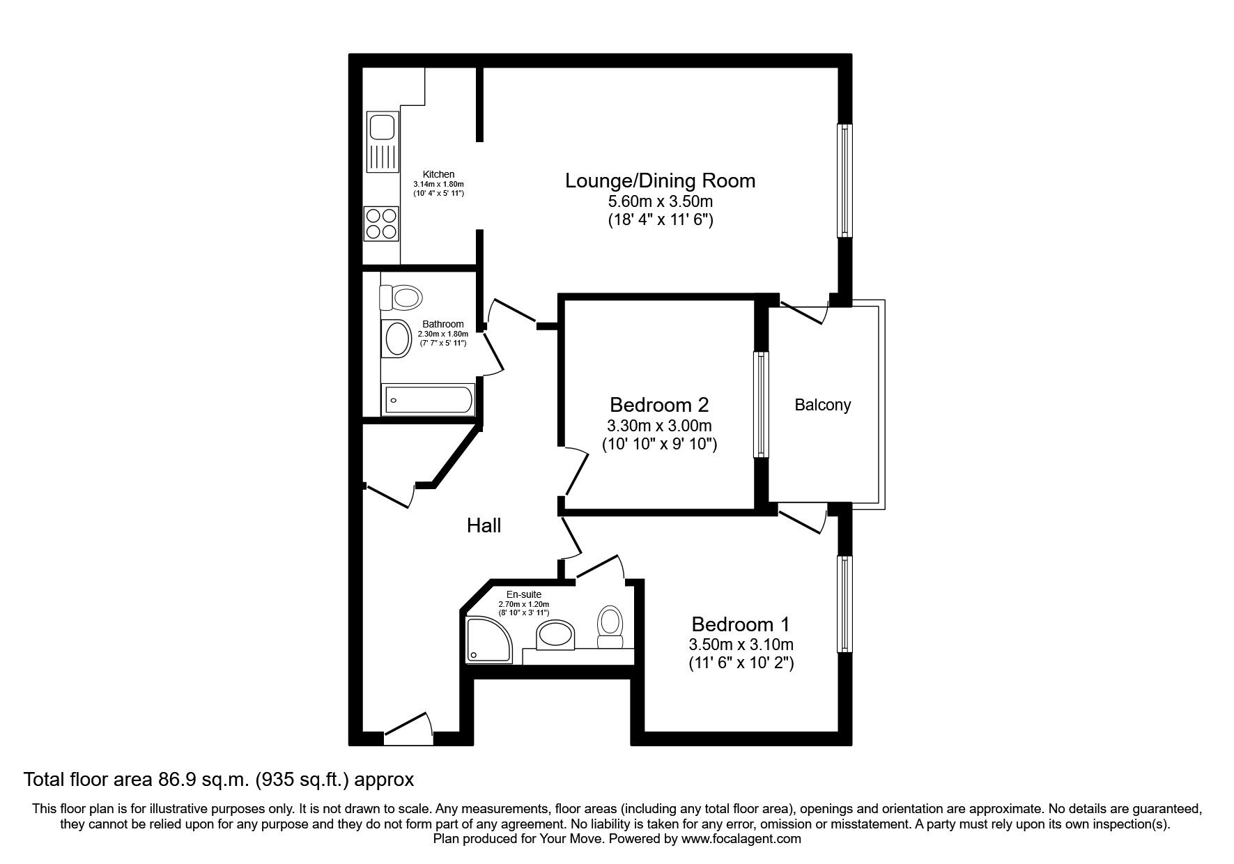 Floorplan of 2 bedroom Flat to rent, Crown Heights  Alencon Link, Basingstoke, Hampshire, RG21