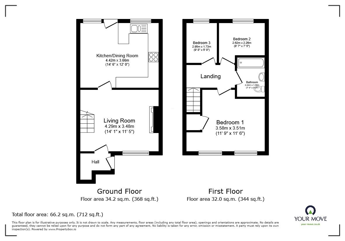 Floorplan of 3 bedroom Mid Terrace House to rent, Washburn Close, Bedford, Bedfordshire, MK41
