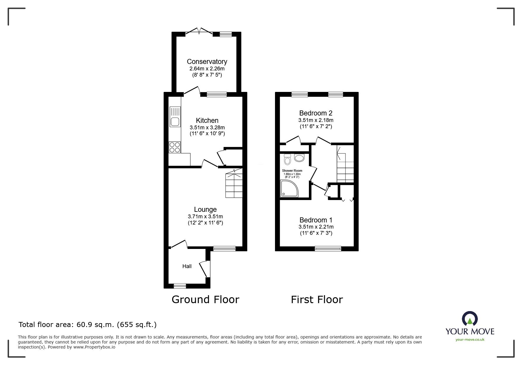 Floorplan of 2 bedroom Mid Terrace House to rent, Howard Close, Wilstead, Bedfordshire, MK45