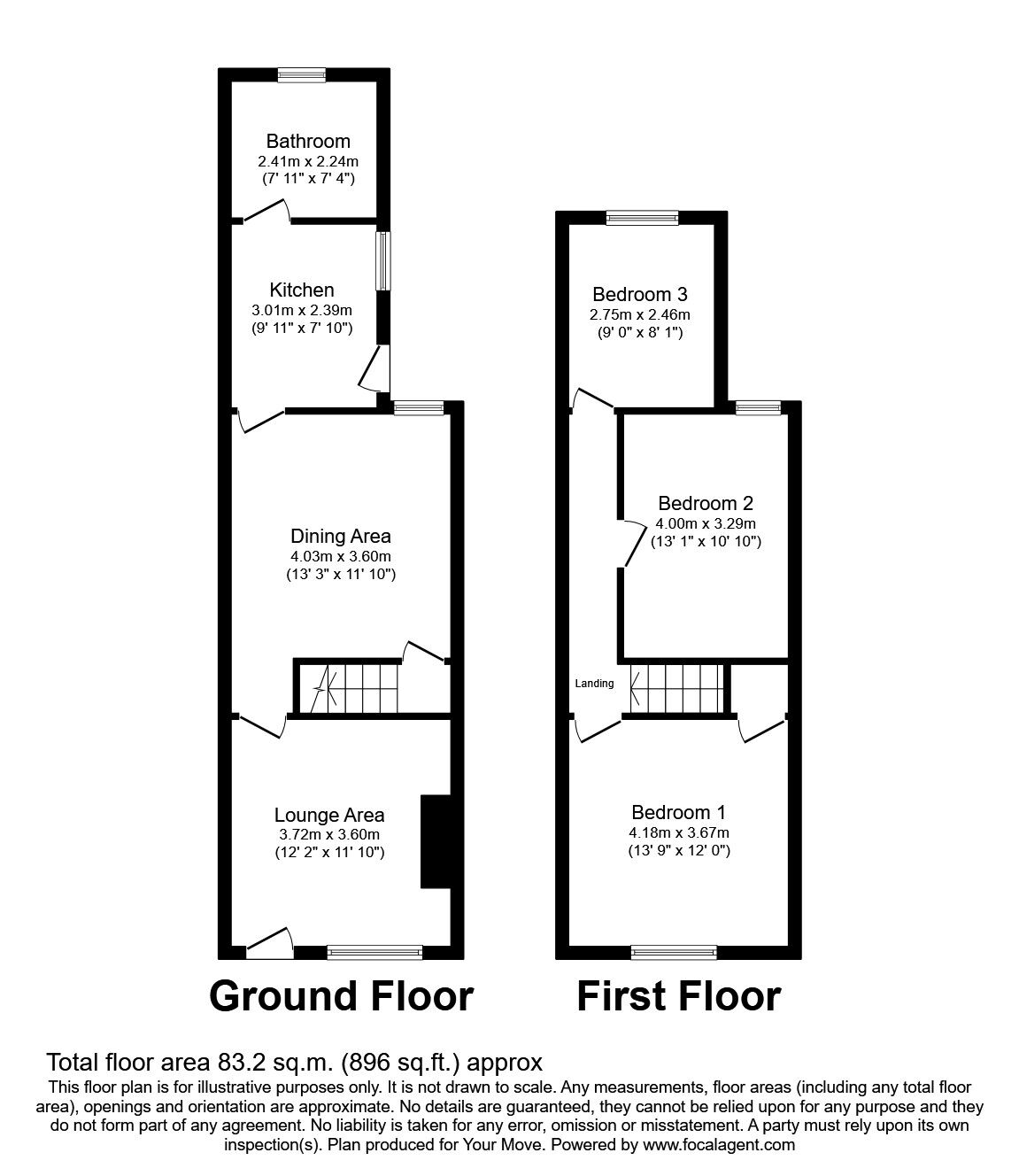Floorplan of 3 bedroom Mid Terrace House to rent, Marston Lane, Bedworth, Warwickshire, CV12