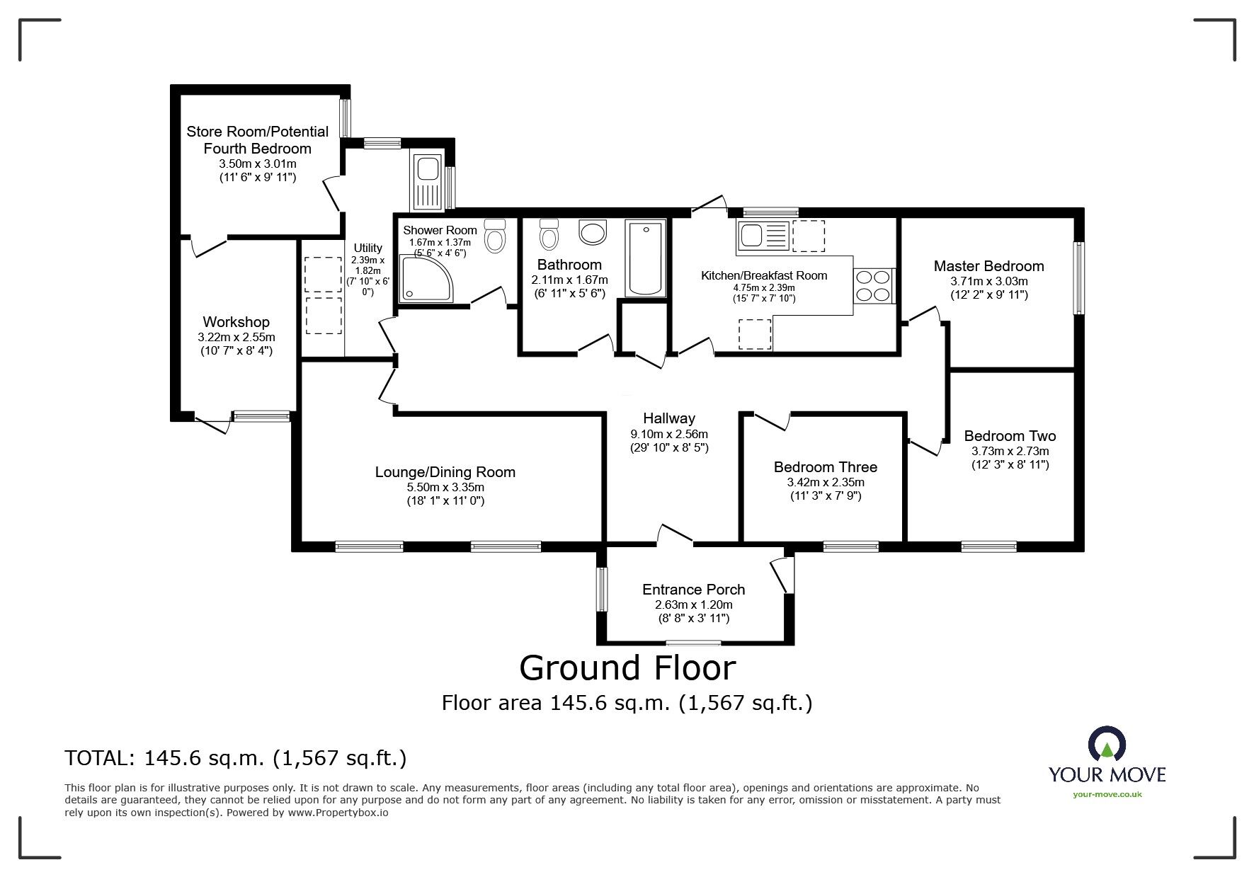 Floorplan of 3 bedroom Link Detached Bungalow for sale, School Road, Praze, Cornwall, TR14