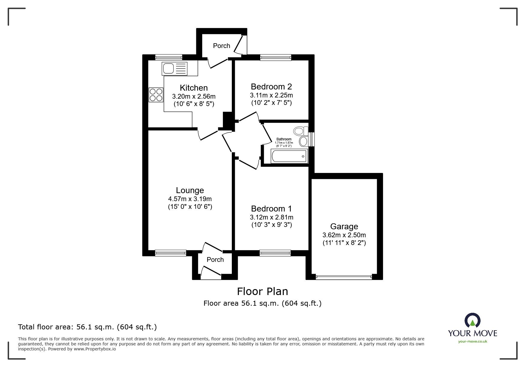 Floorplan of 2 bedroom Semi Detached Bungalow for sale, Trecarrack Road, Pengegon, Cornwall, TR14