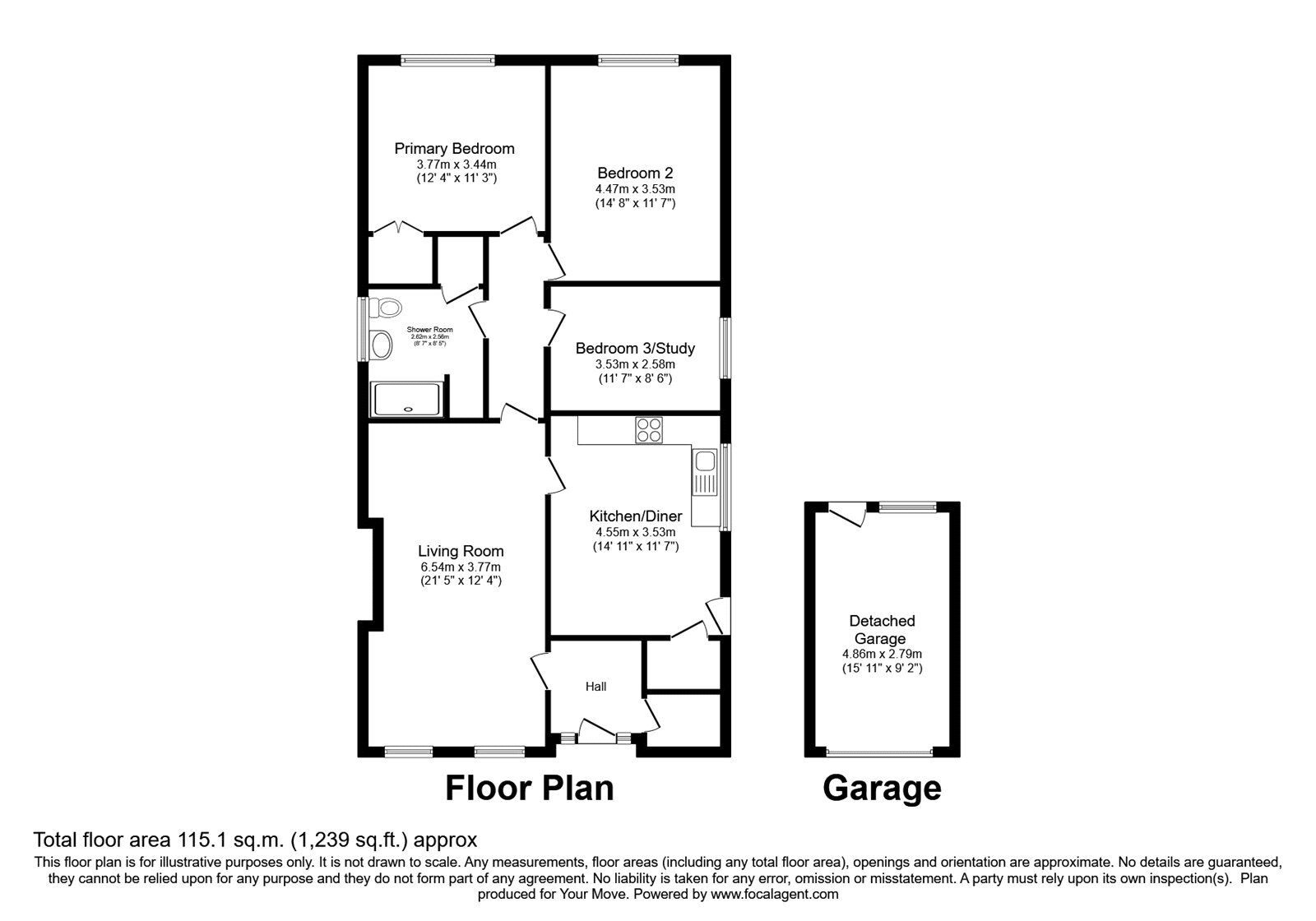 Floorplan of 3 bedroom Detached Bungalow for sale, Blackbank, Longtown, Cumbria, CA6
