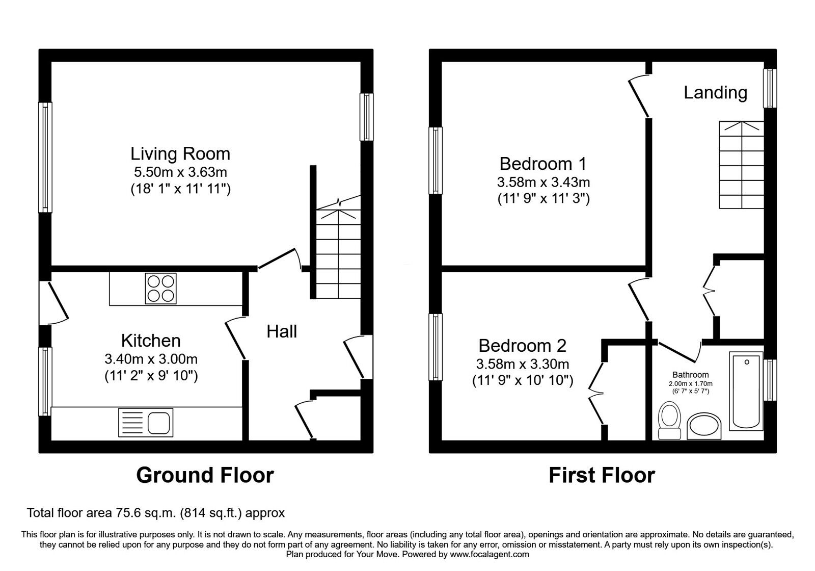 Floorplan of 2 bedroom Mid Terrace House for sale, Deanburn, Penicuik, Midlothian, EH26