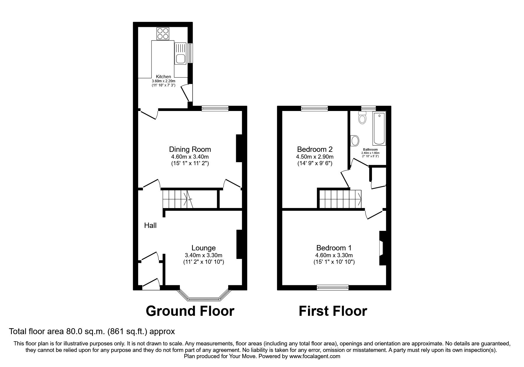 Floorplan of 2 bedroom Mid Terrace House to rent, Bloomfield Road, Darlington, Durham, DL3