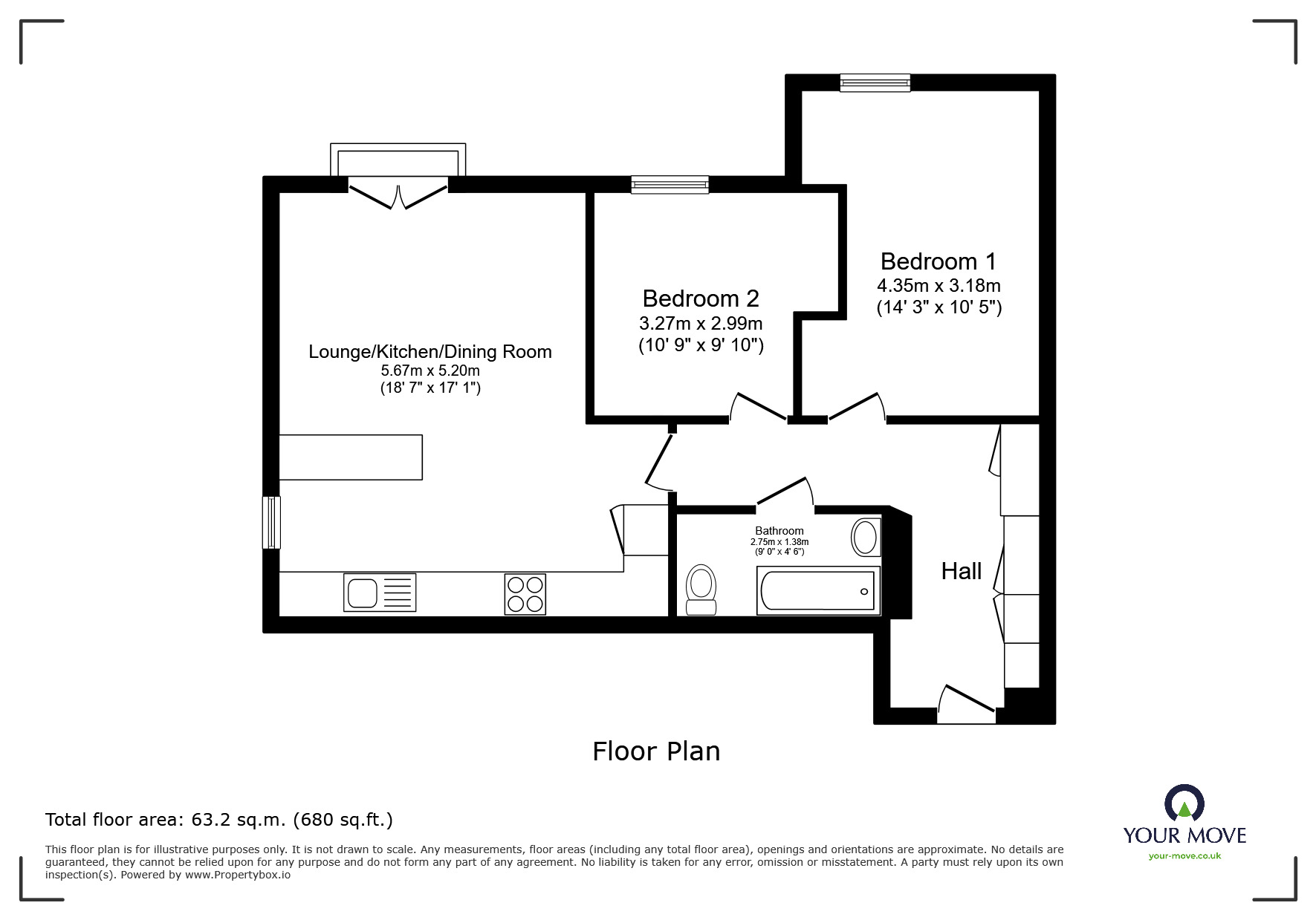 Floorplan of 2 bedroom Flat to rent, Rosso Close, Doncaster, South Yorkshire, DN4