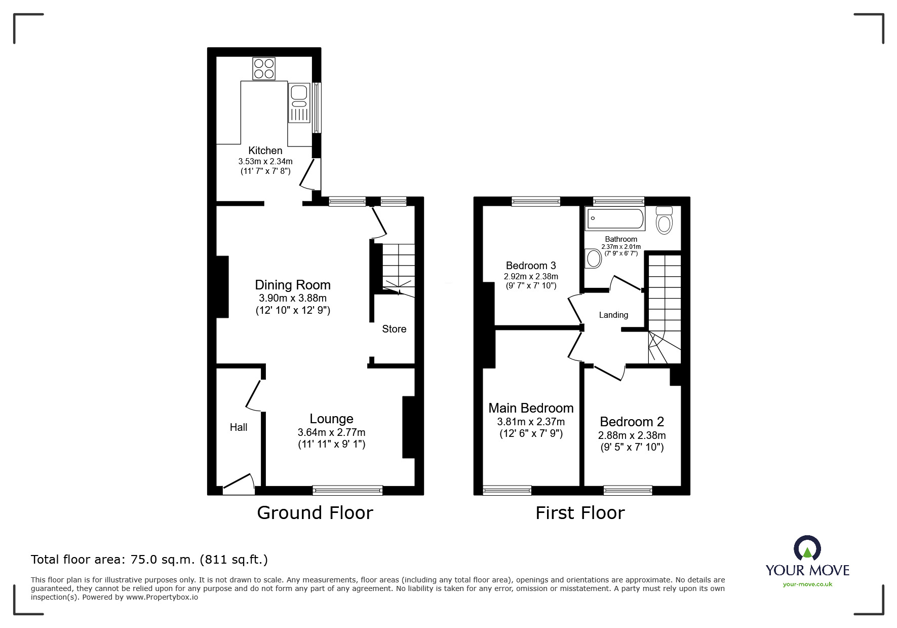 Floorplan of 3 bedroom Mid Terrace House to rent, Wellington Road, Edlington, South Yorkshire, DN12