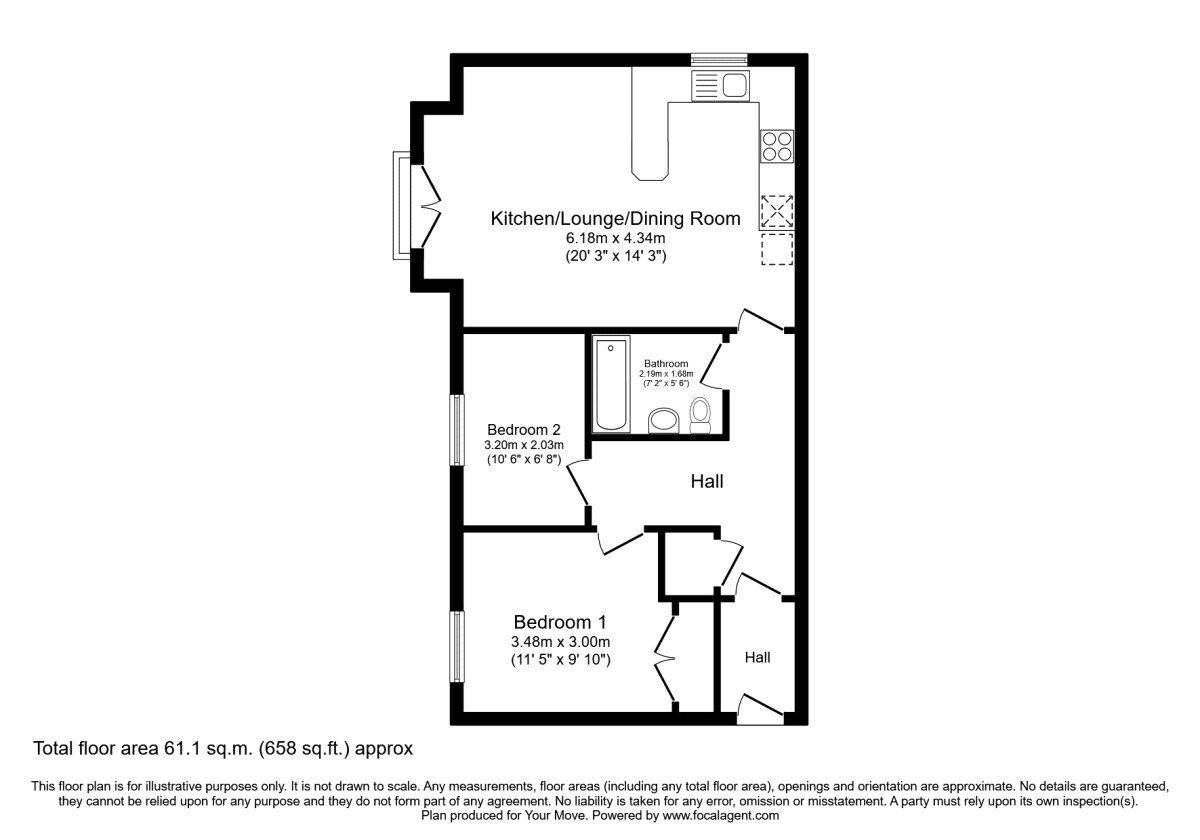 Floorplan of 2 bedroom Flat to rent, Kilner Court, Denaby Main, South Yorkshire, DN12