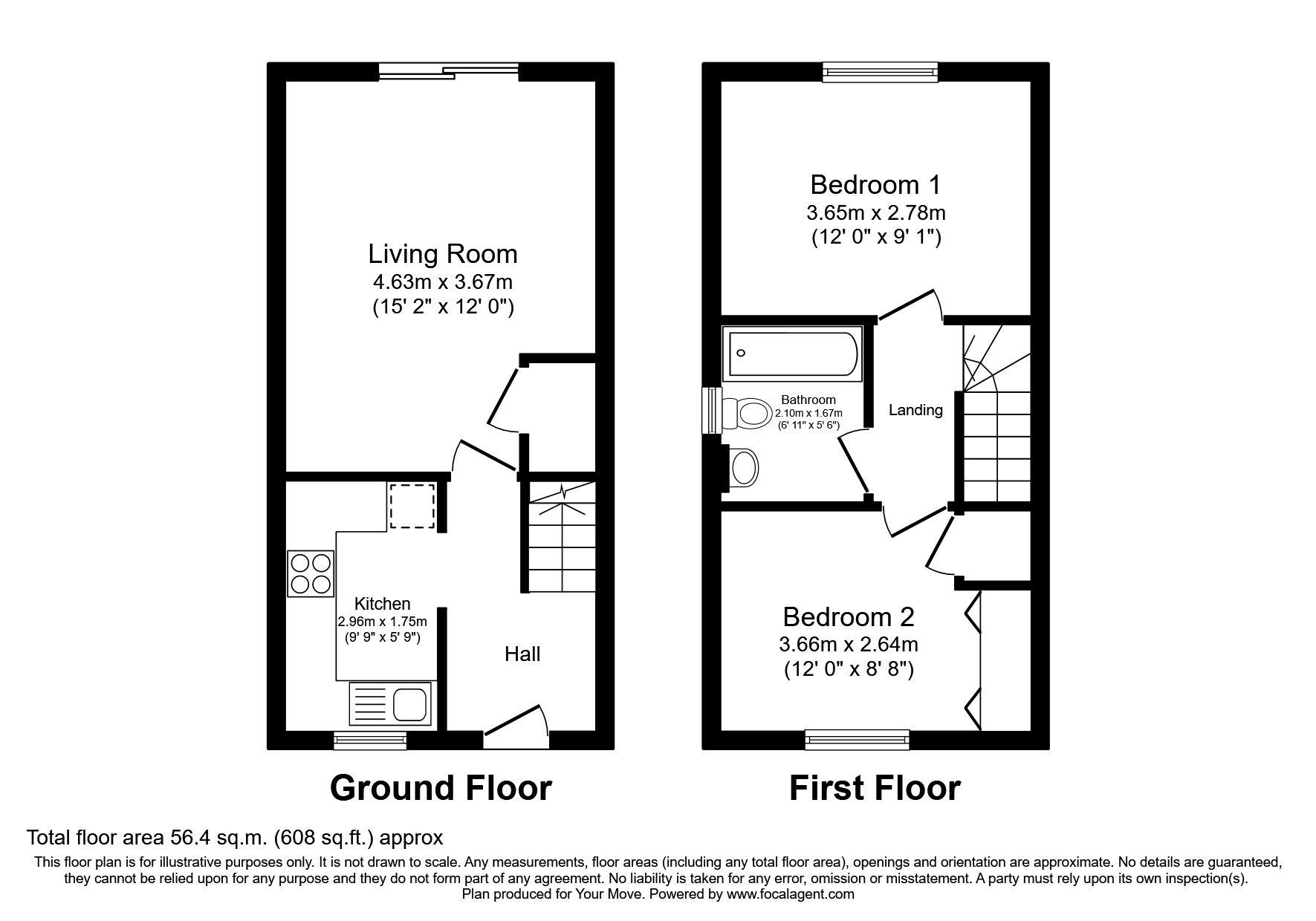 Floorplan of 2 bedroom Mid Terrace House to rent, Bowbrookvale, Luton, Bedfordshire, LU2