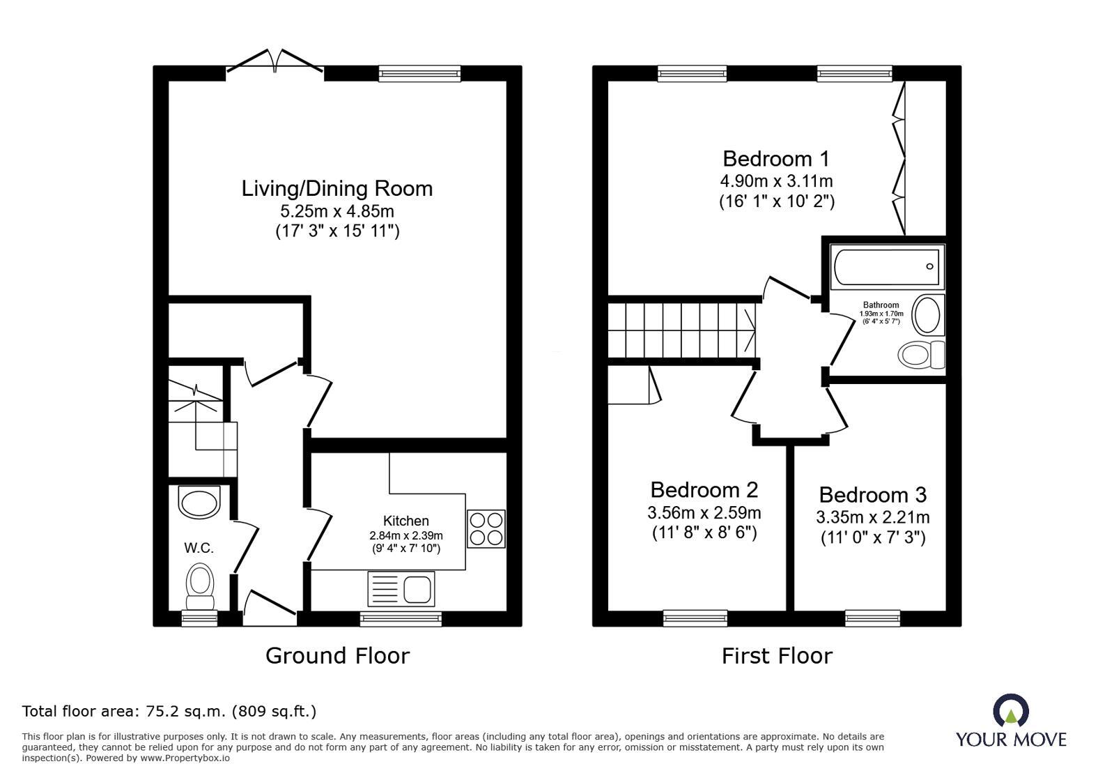 Floorplan of 3 bedroom End Terrace House for sale, Signal Close, Henlow, Bedfordshire, SG16