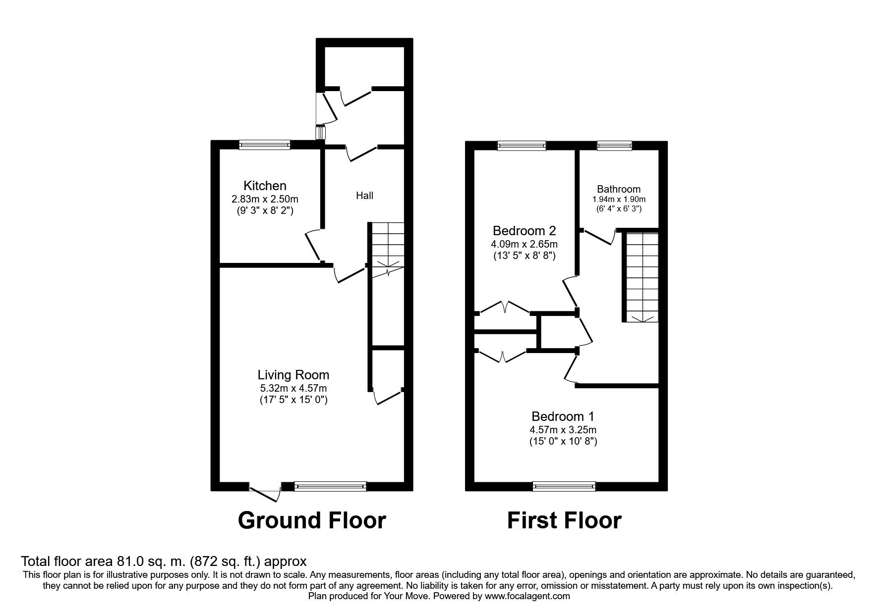 Floorplan of 2 bedroom Mid Terrace House for sale, Cunningham Road, Tamerton Foliot, Devon, PL5