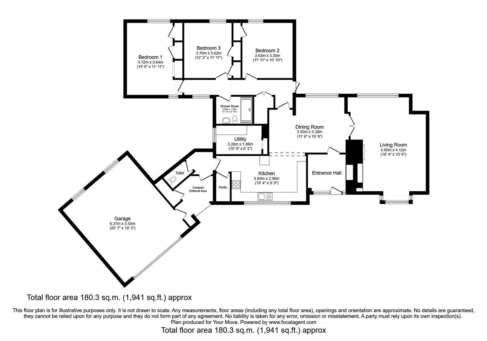 Floorplan of 3 bedroom Detached Bungalow for sale, Llanarmon Dyffryn Ceiriog, Llangollen, Wrexham, LL20
