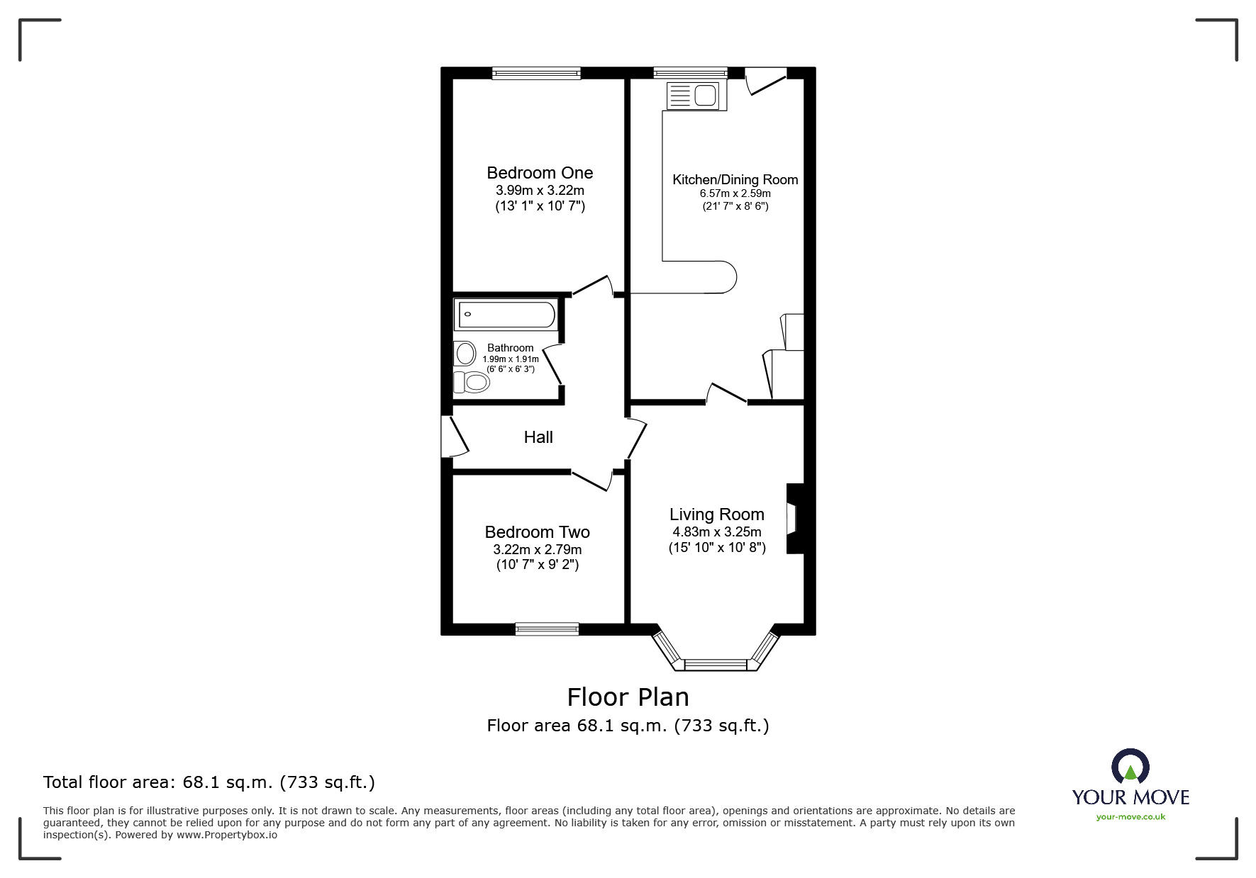 Floorplan of 2 bedroom Semi Detached Bungalow for sale, Bybrook Road, Kennington, Kent, TN24