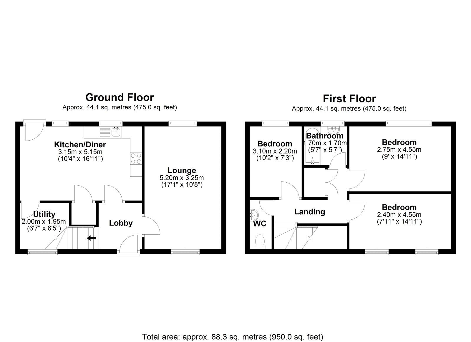 Floorplan of 3 bedroom Mid Terrace House for sale, Hadrians Way  Ebchester, Consett, Durham, DH8