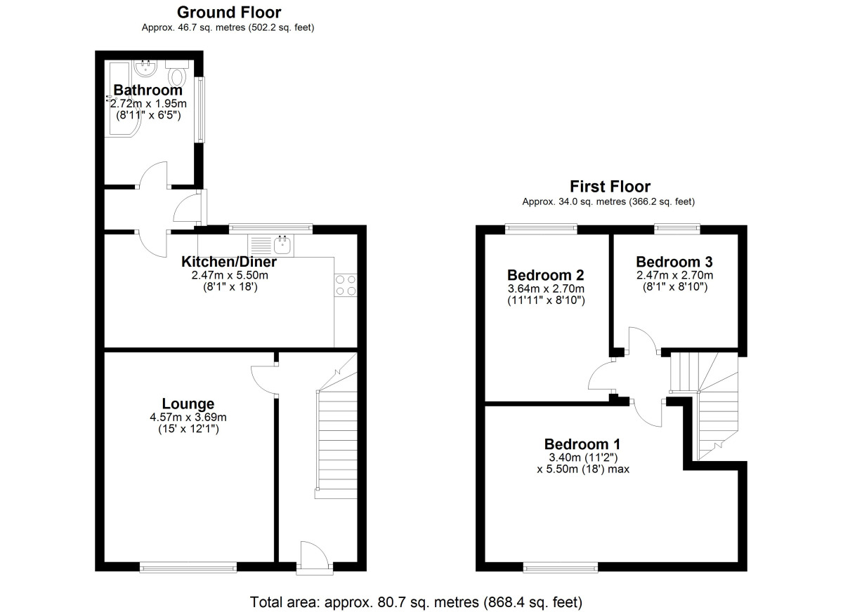 Floorplan of 3 bedroom Mid Terrace House to rent, Front Street, Perkinsville,Pelton, County Durham, DH2