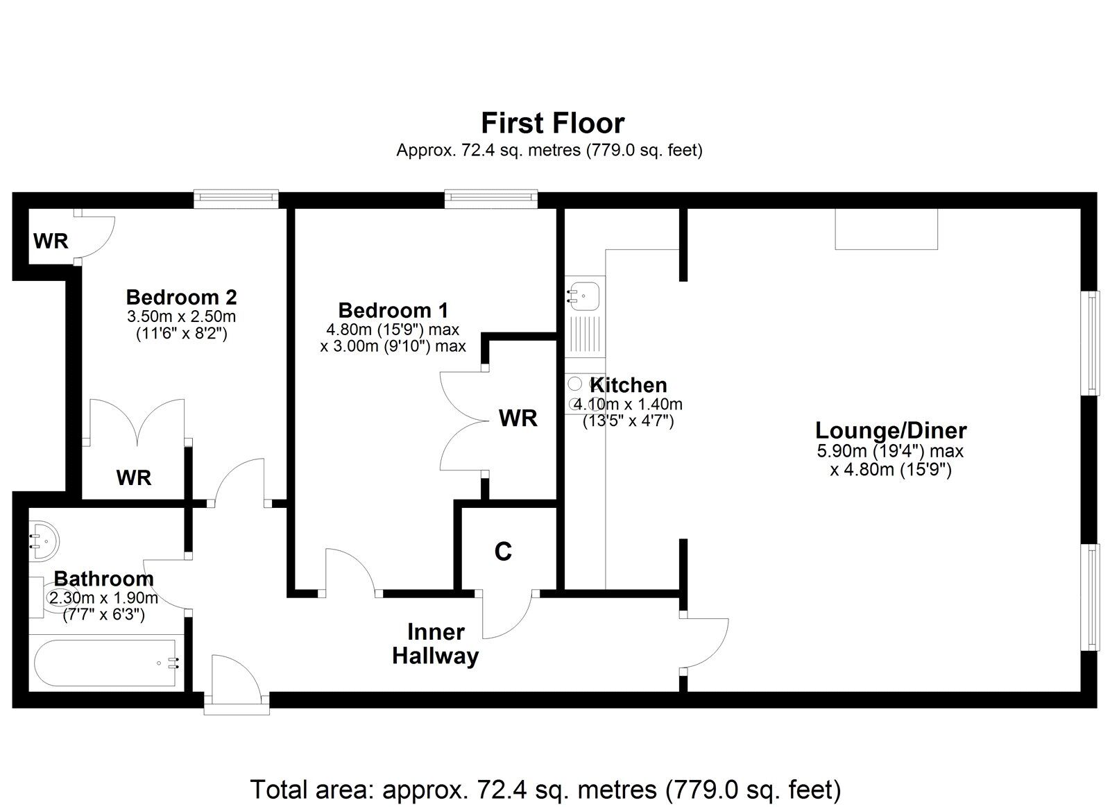 Floorplan of 2 bedroom  Flat for sale, The Hermitage, Chester Le Street, County Durham, DH2