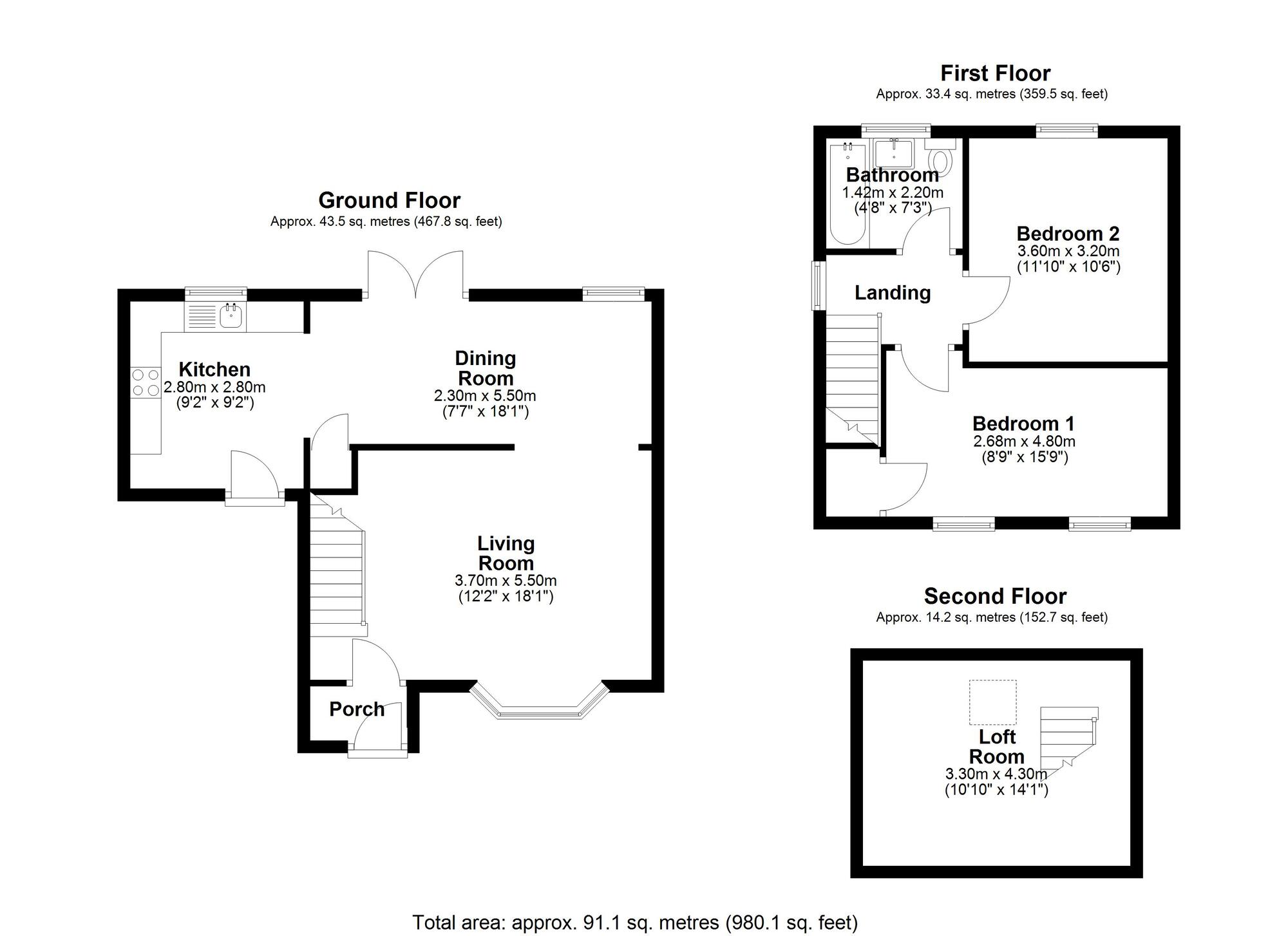 Floorplan of 2 bedroom Semi Detached House for sale, Riding Hill, Great Lumley, Durham, DH3