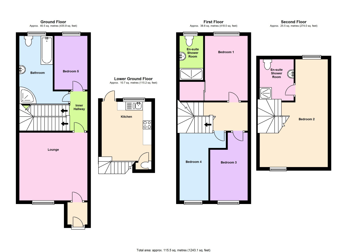 Floorplan of 5 bedroom Mid Terrace House to rent, Cooks Cottages, Ushaw Moor, Durham, DH7