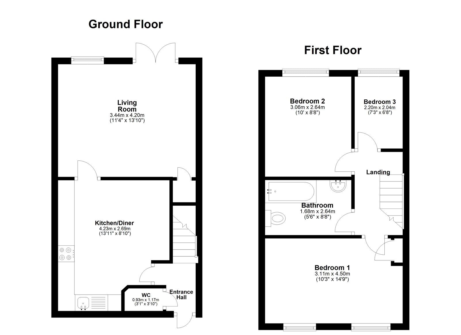 Floorplan of 3 bedroom Mid Terrace House to rent, Griffiths Court, Bowburn, Durham, DH6