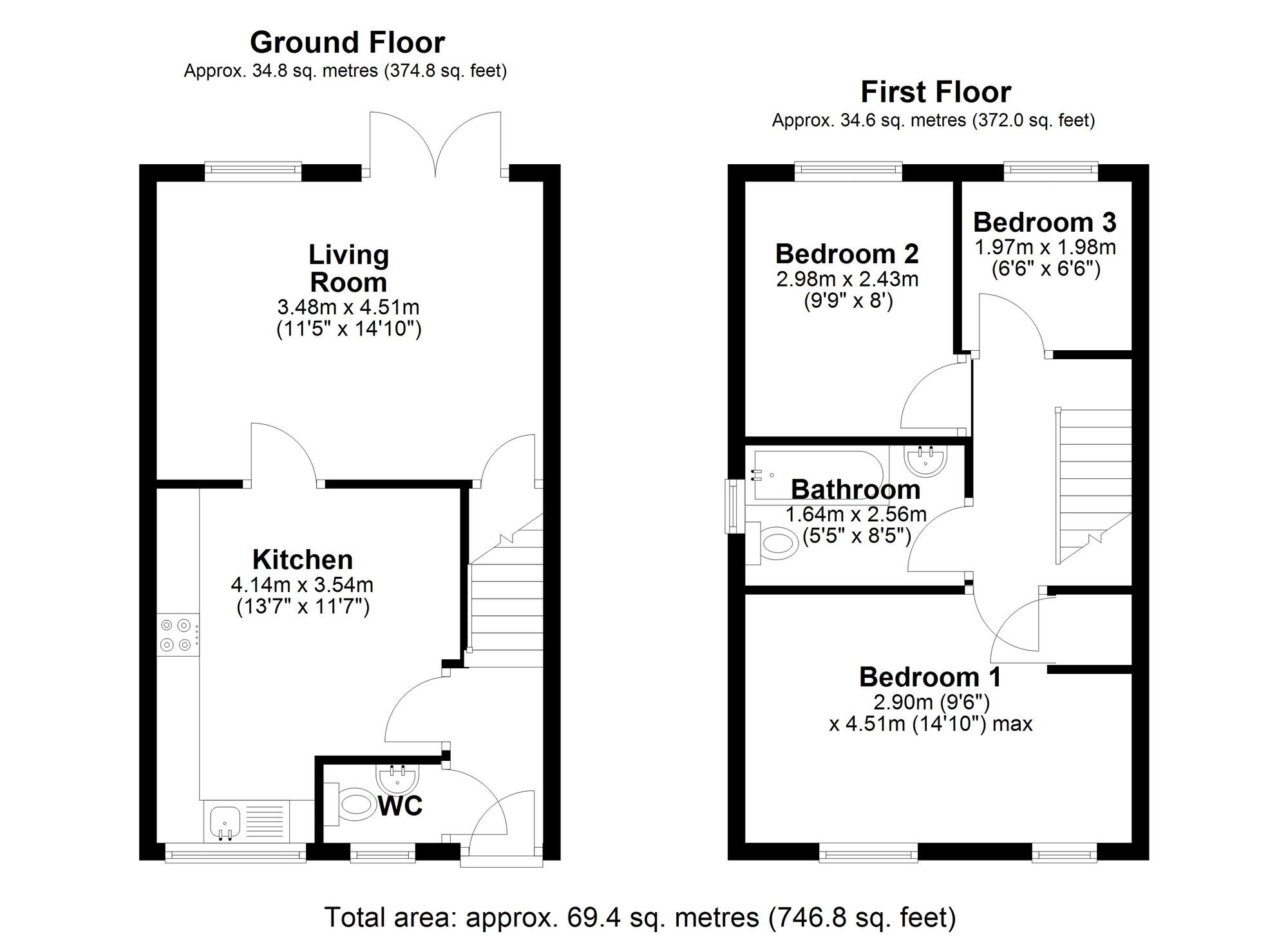 Floorplan of 3 bedroom Semi Detached House for sale, Griffiths Court, Bowburn, Durham, DH6