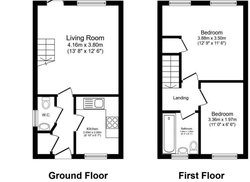 Floorplan of 2 bedroom Mid Terrace House to rent, Darwin Crescent, Loughborough, Leicestershire, LE11