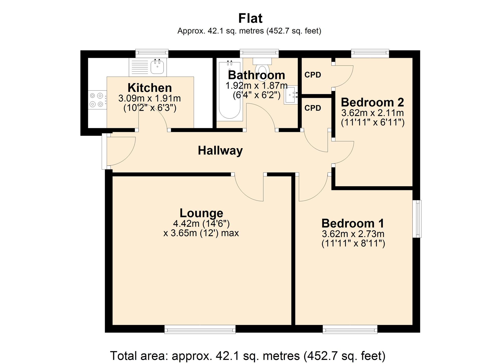 Floorplan of 2 bedroom  Flat to rent, Cromwell Ford Way, Blaydon-on-Tyne, Tyne and Wear, NE21