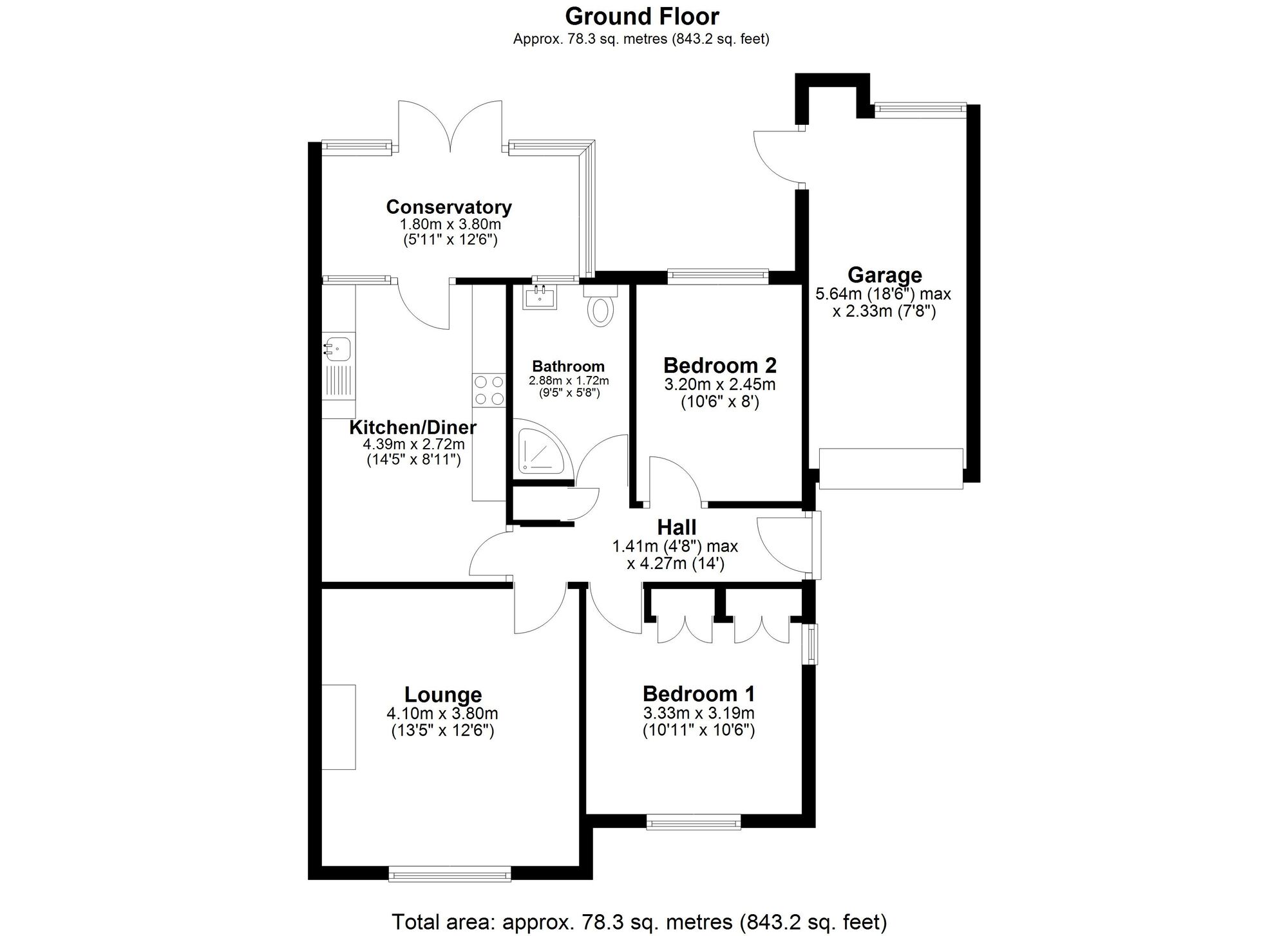 Floorplan of 2 bedroom Semi Detached Bungalow for sale, Deneway, Rowlands Gill, Tyne and Wear, NE39