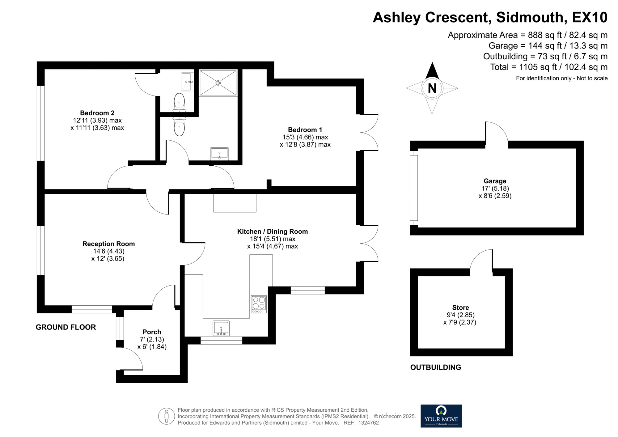 Floorplan of 2 bedroom Semi Detached Bungalow for sale, Ashley Crescent, Sidmouth, Devon, EX10