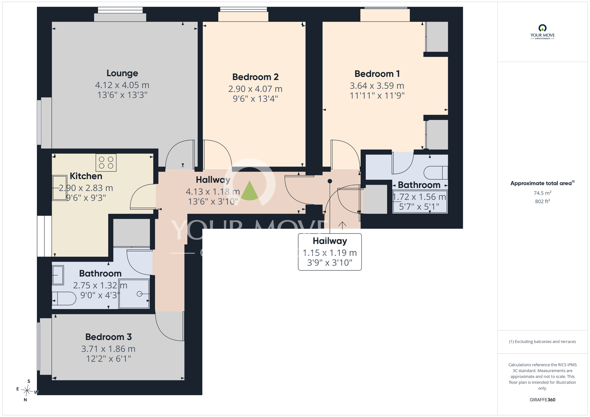 Floorplan of 3 bedroom Mid Terrace Flat for sale, Usworth Hall, Usworth, Washington, NE37