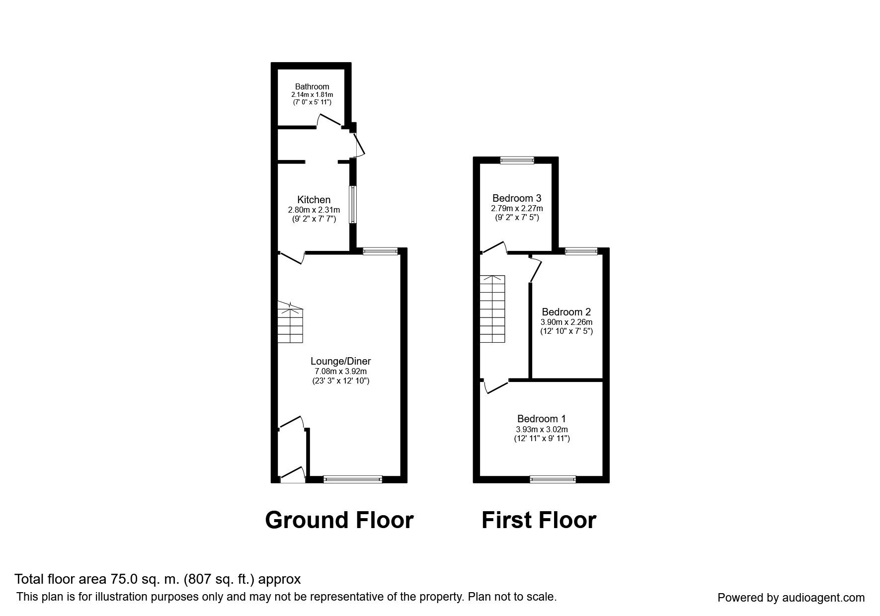 Floorplan of 3 bedroom Mid Terrace House to rent, Catherine Street, Rochester, Kent, ME1