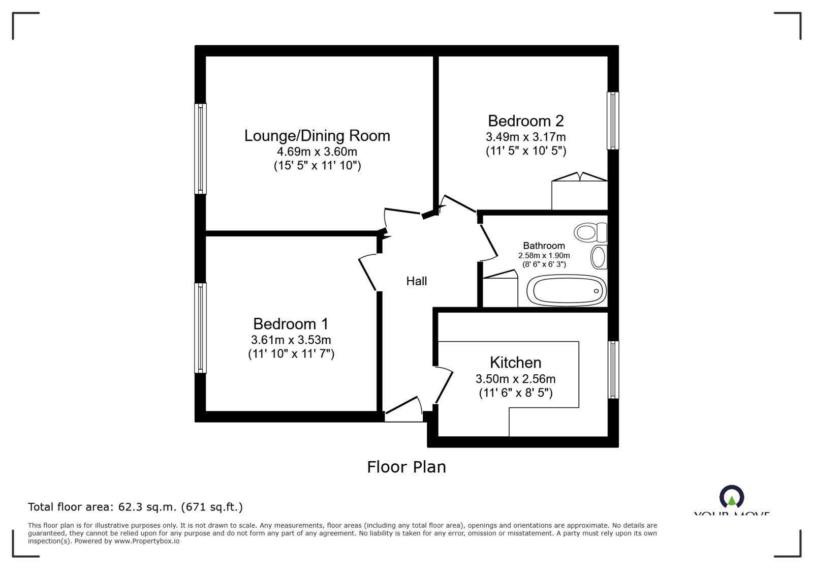 Floorplan of 2 bedroom Flat for sale, Sedbergh Road, Southampton, Hampshire, SO16