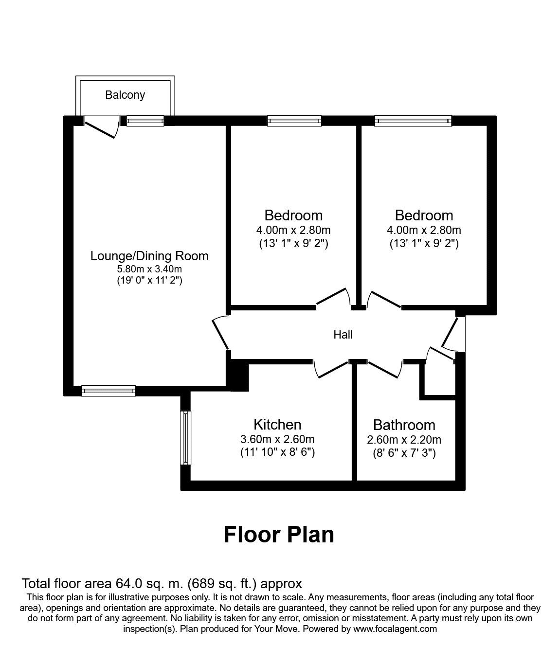 Floorplan of 2 bedroom  Flat for sale, London Road, Purbrook, Hampshire, PO7