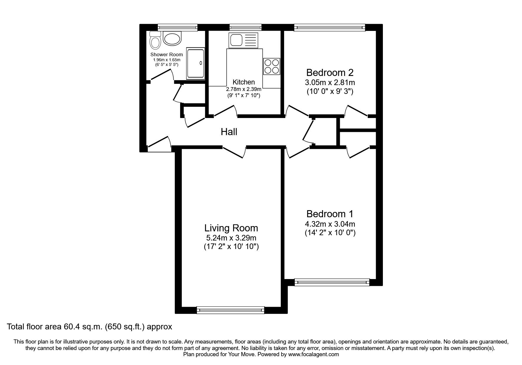 Floorplan of 2 bedroom  Flat to rent, Russell Court Oak Hill Crescent, Surbiton, Surrey, KT6