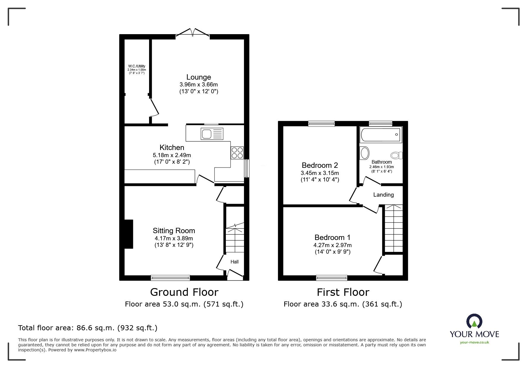 Floorplan of 2 bedroom Semi Detached House for sale, Lullington Road, Overseal, Swadlincote, DE12