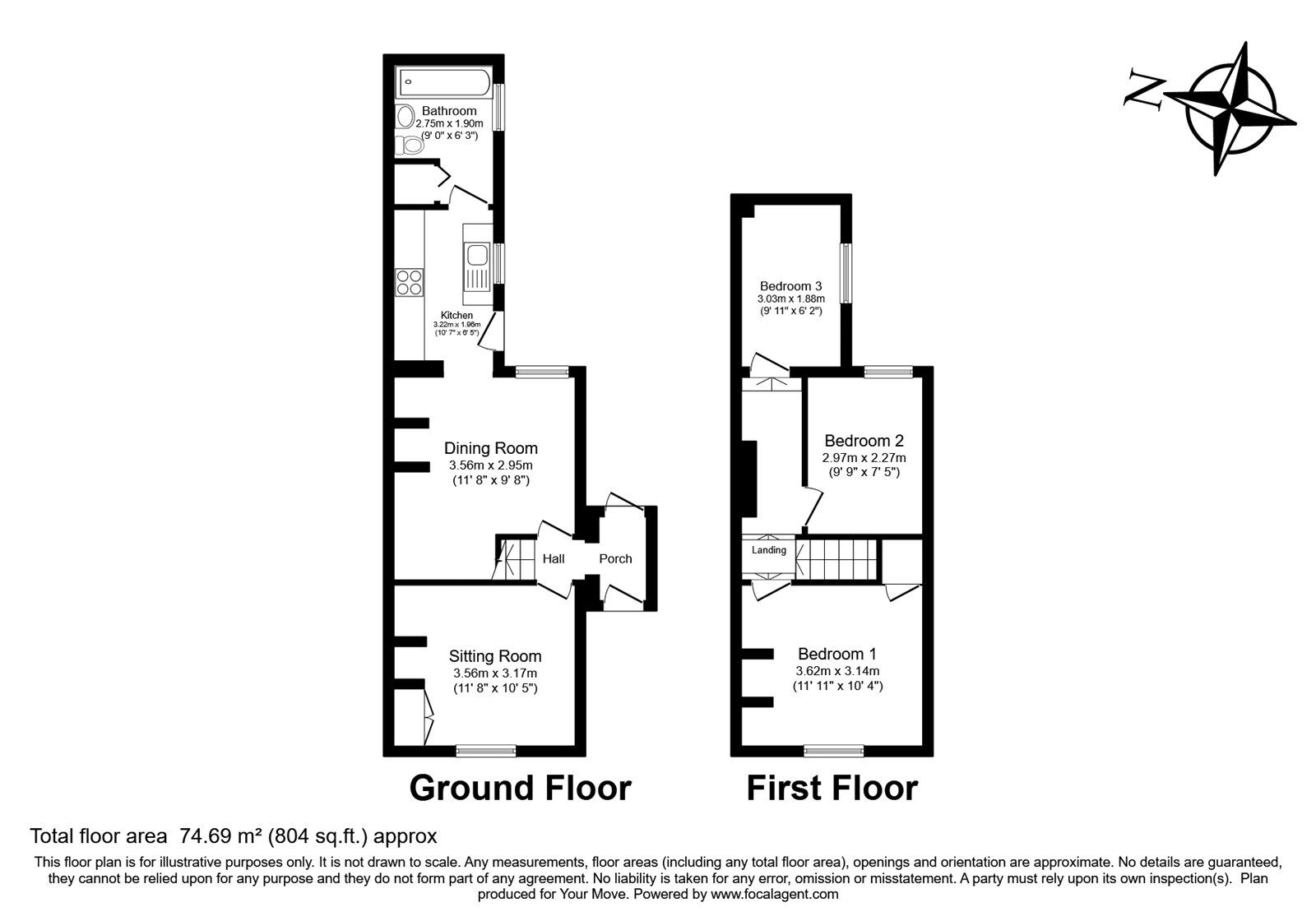 Floorplan of 3 bedroom End Terrace House for sale, Frant Road, Tunbridge Wells, Kent, TN2