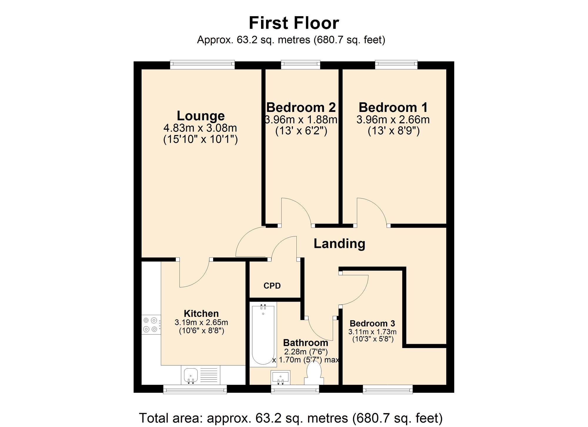 Floorplan of 3 bedroom  Flat for sale, West Lea, Blaydon, NE21