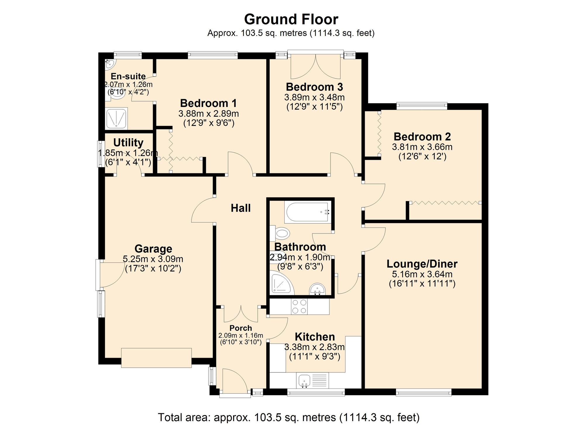 Floorplan of 3 bedroom Semi Detached Bungalow for sale, Wyndley Close, Grange Estate, Whickham, NE16