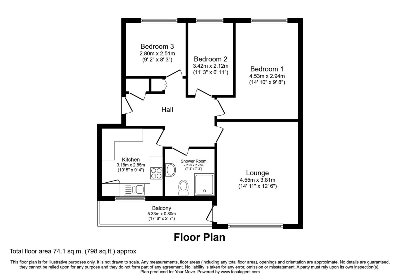 Floorplan of 3 bedroom Flat for sale, Warstones Gardens, Wolverhampton, West Midlands, WV4