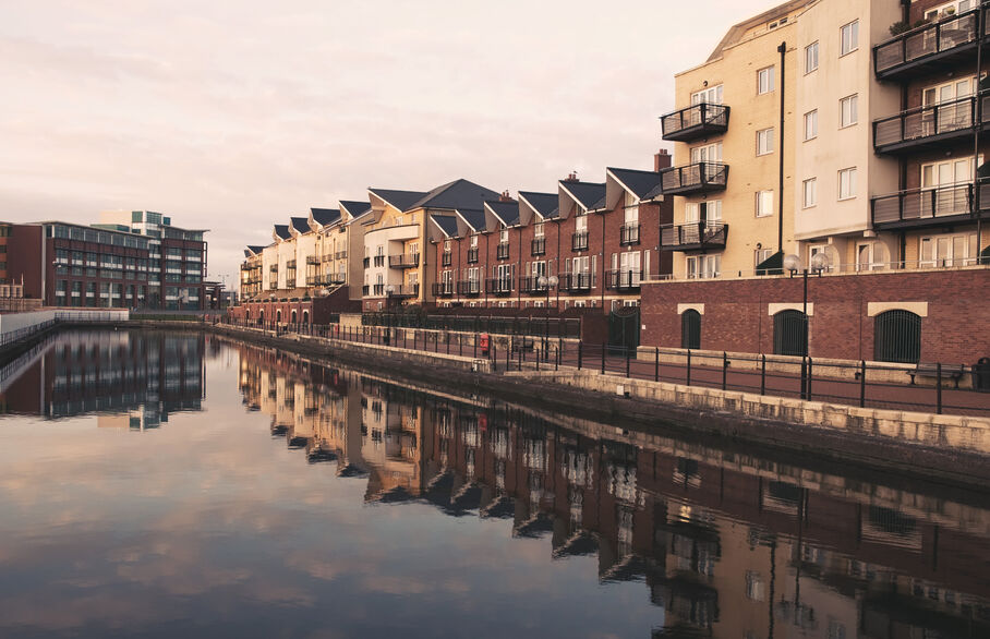Row of houses on a river scene