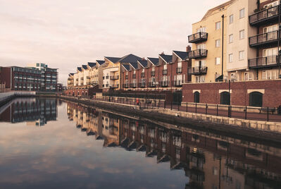 Row of houses on a river scene